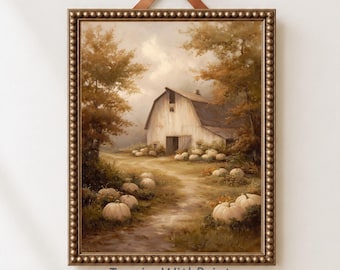 White Barn Pumpkin Patch Wall Art, Rustic Farmhouse Autumn Print, Vintage Country Landscape Decor, Cozy Fall Cottagecore Home Artwork