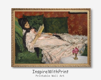 Vintage Woman Reading Portrait Painting, Digital Download Antique Interior Print, Moody Reading Portrait Wall Art, Woman Reading in Bed Art