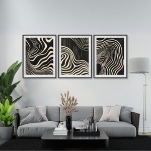 Abstract Black and Beige Print Set of 3, Abstract Illusion Wavy Wall ...