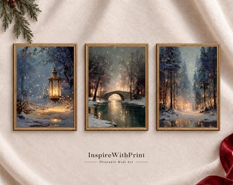 Winter Christmas Wall Art Set of 3, Vintage Snowy Forest Printable Decor, Cozy Woodland Gallery Collection