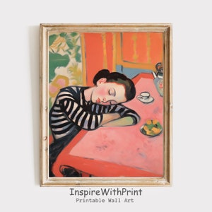 Femme fatiguée endormie sur la table, téléchargement numérique inspiré de l'art Matisse, impression Portrait de femme Matisse, esthétique Art déco pastel