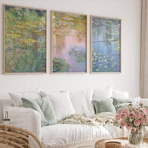 Vintage Water Lilies Painting Set of 3, Claude Monet Water Lilies Art Printable, Aesthetic Pastel Color Print, Calming Landscape Wall Art