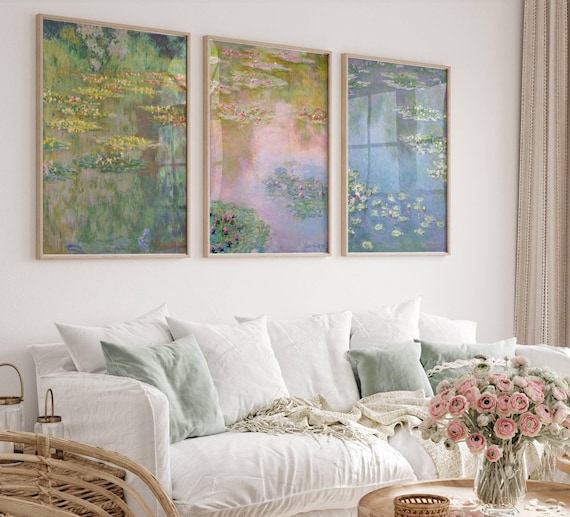 Vintage Water Lilies Painting Set of 3, Claude Monet Water Lilies Art Printable, Aesthetic Pastel Color Print, Calming Landscape Wall Art