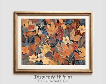 May include: A digital illustration of a colorful autumn leaf pattern with shades of orange, yellow, red, and blue. The leaves are arranged in a random pattern and are surrounded by small white flowers.