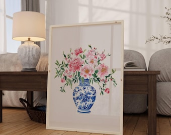 Ramo de peonías en acuarela en jarrón chinoiserie azul y blanco, decoración de pared con peonías rosas, pintura de estilo chinoiserie floral en acuarela