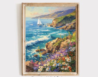 地中海沿岸の絵画、帆船と海のウォールアート、花柄の崖の装飾、ビーチハウス向けの海辺の風景プリント、航海ギフト