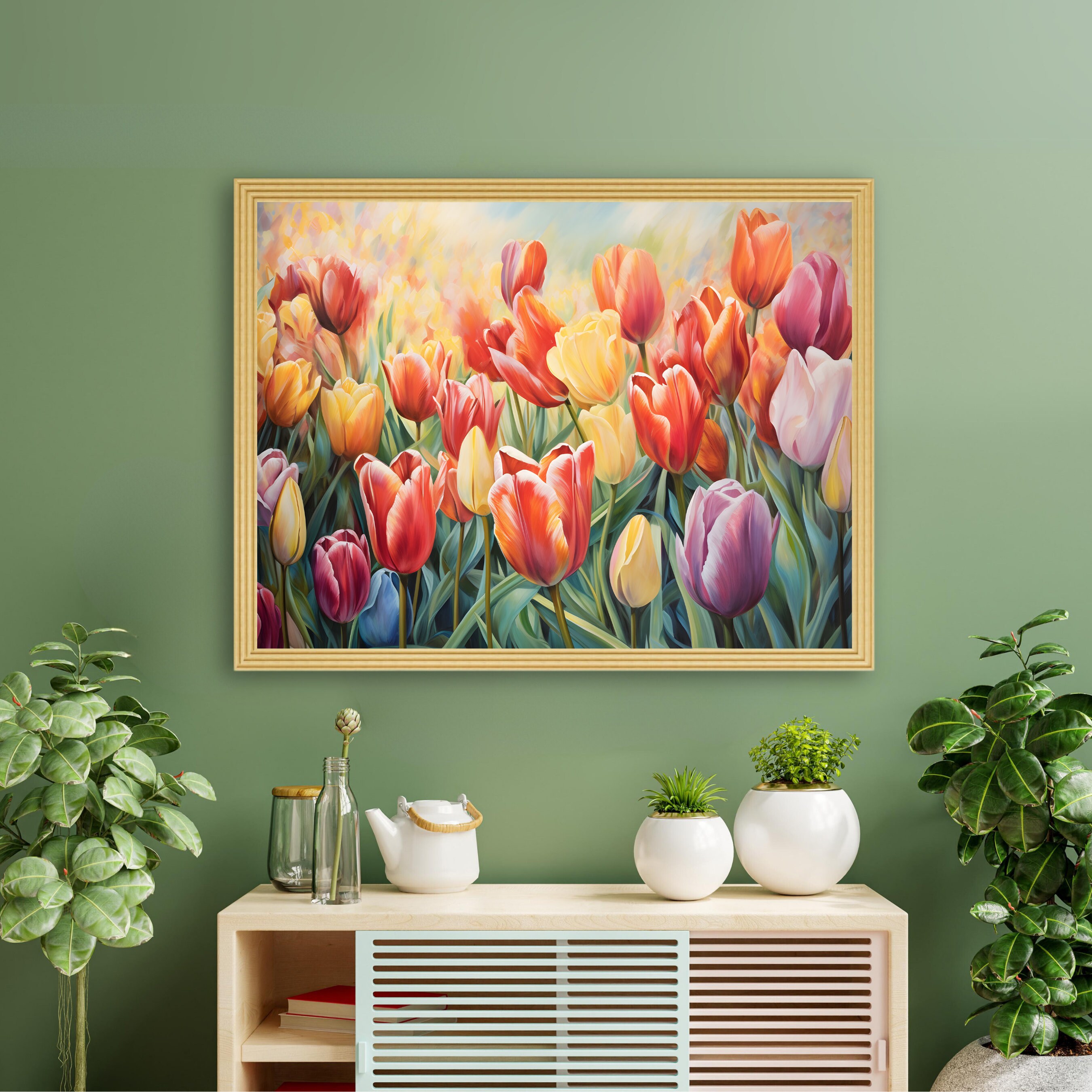 Colorful Tulip Garden Painting, Digital Download Tulip Prints, Spring ...