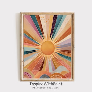 Boho Sun Print, Colorful Boho Sun Wall Art Printable Abstract Sunrise Print, Midcentury Modern Art, Playroom Poster, Boho Nursery Wall Art