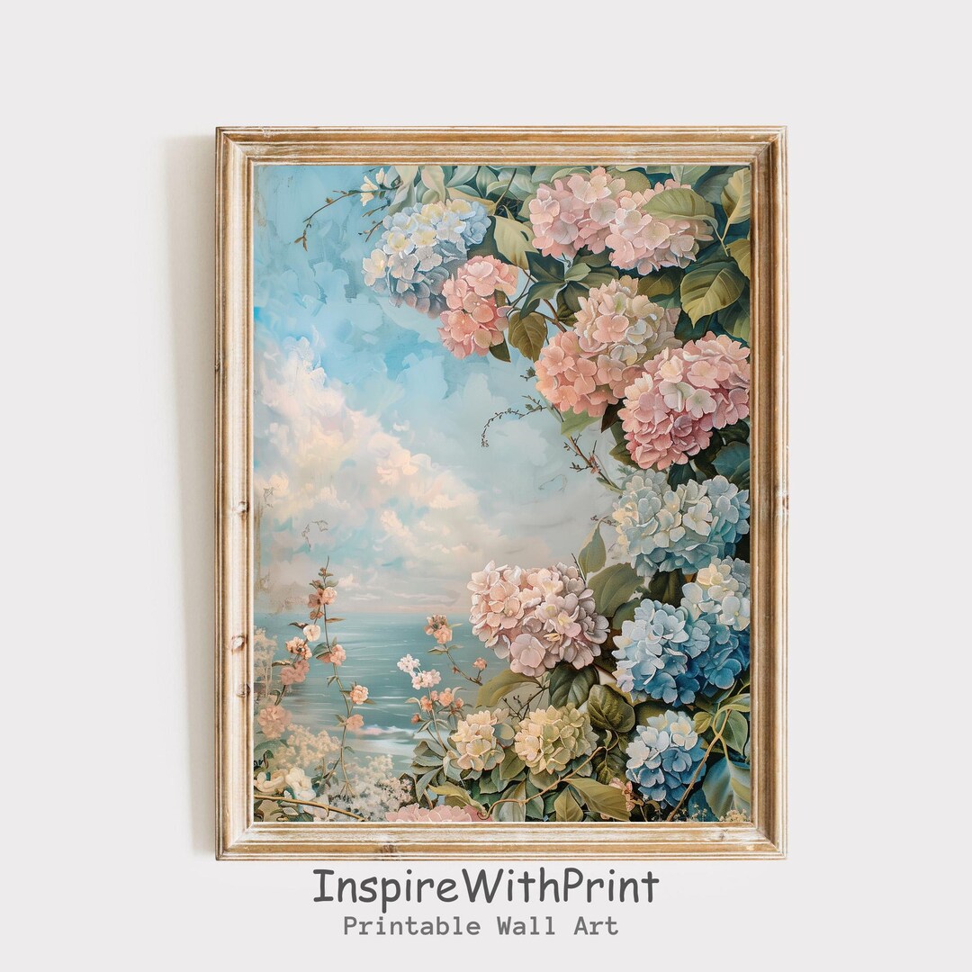Pastel Hydrangea Coastal Painting, Romantic Beach Floral Wall Art Print ...
