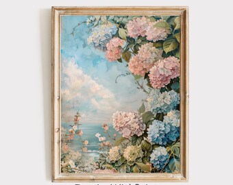 パステルカラーの紫陽花の海岸風景画、ロマンチックなビーチフローラルウォールアートプリント、コテージコア風オーシャンデコレーション、シャビーシックな海辺の寝室の絵