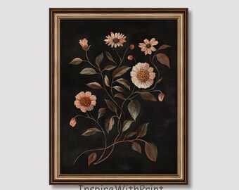 Arte de flores oscuras vintage, impresión botánica oscura, arte de pared imprimible con motivos florales melancólicos, impresión floral oscura, arte de pared con flores rústicas, impresión de flores silvestres