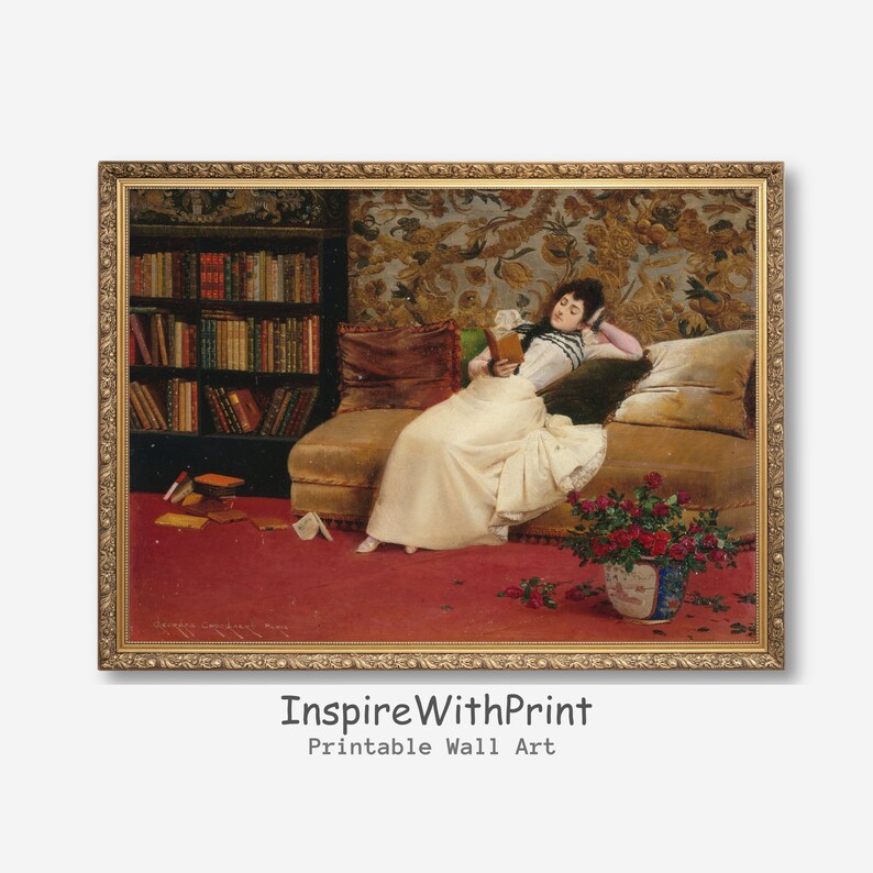 Vintage Woman Reading on the Sofa Painting, Moody Reading Portrait Wall ...