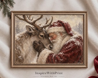 Santa and Reindeer Christmas Wall Art, Vintage Painterly Printable, Rustic Winter Holiday Decor