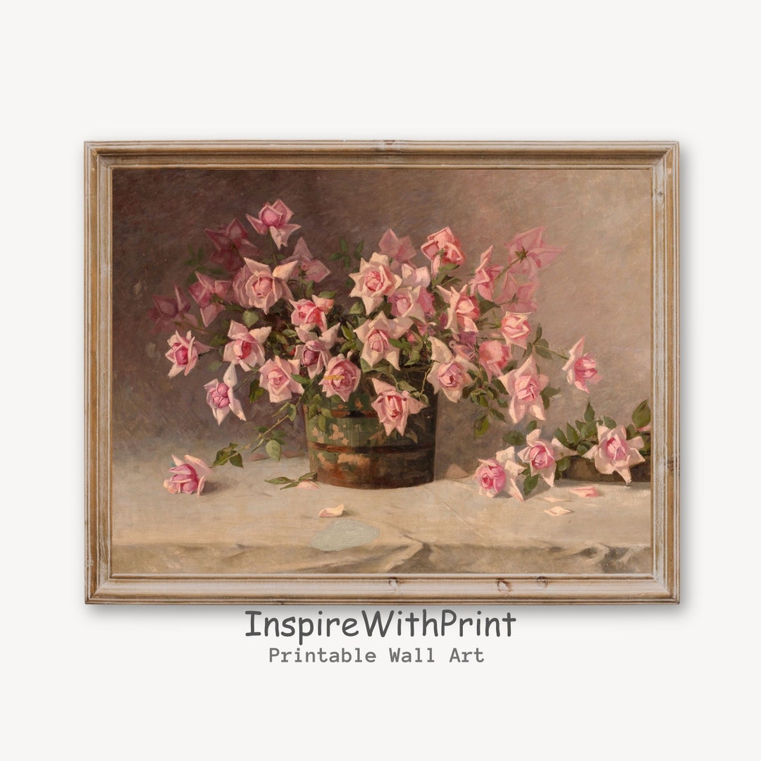 Vintage Floral Still Life Painting, Pink Roses Still Life Print ...