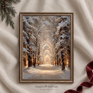 May include: A framed wall art print featuring a snowy forest path lined with tall trees covered in snow, illuminated by warm golden light and small glowing fairy lights. The text InspireWithPrint Printable Wall Art is printed below the frame.