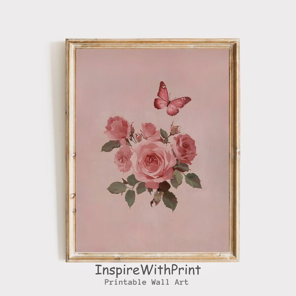 Vintage Rose and Butterfly Painting, Preppy Pink Roses Print, Botanical Flower Art Printable Pastel Pink Colors Art, Moody Floral Print