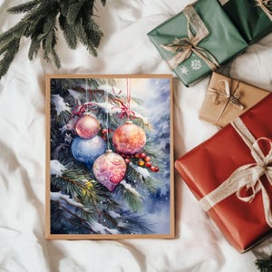 Christmas ornaments wall art, Christmas Bauble Print, Watercolor Christmas Ornaments Printable Wall Art, Vintage Christmas Decor