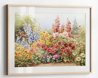 Watercolor Flower Garden Painting, Cottage Spring Flower