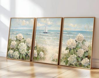 Blue Hydrangea Coastal Wall Art Set of 3, Beach Sailboat Printable, Soft Ocean Decor Digital Download for Bathroom, Bedroom, Living Room