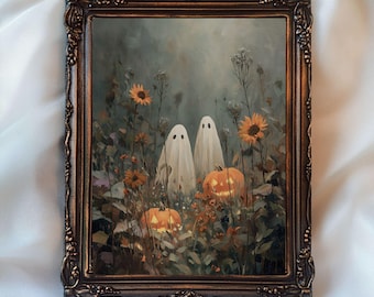 May include: A framed Halloween-themed print featuring two white ghost figures in a field of sunflowers and pumpkins. The artwork has a vintage aesthetic with a dark, moody color palette. The frame is ornate and bronze-colored.