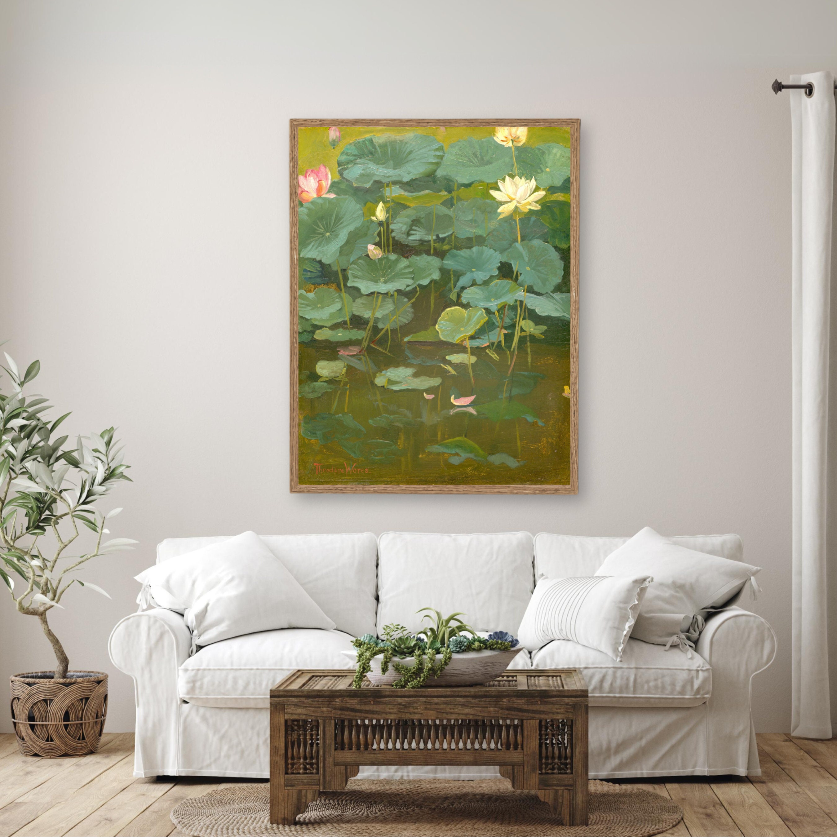 Vintage Lotus Flower Painting, Digital Download Green Leaves Art, Yoga ...