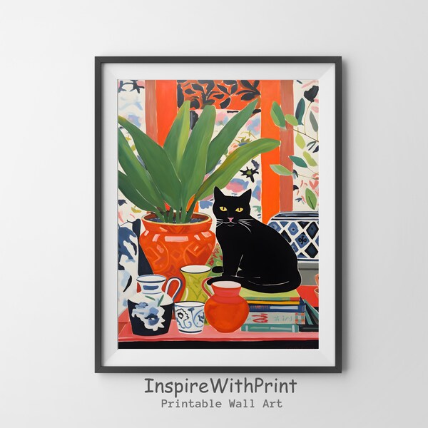 Henri Matisse Cat Print,Digital Download, Black Cat Art, Animal Lover Poster, Gift for Cat mama, Matisse Still Life Art, Funny Cat Print