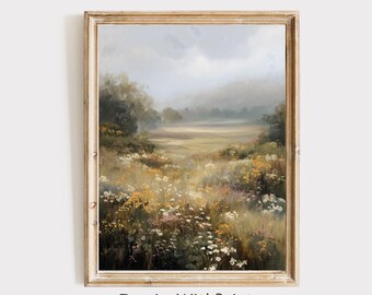 Vintage Fall Wildflower Meadow Print, Moody Wildflower Field Art Printable Neutral Fall Landscape Print, Farmhouse Autumn Cottagecore Art