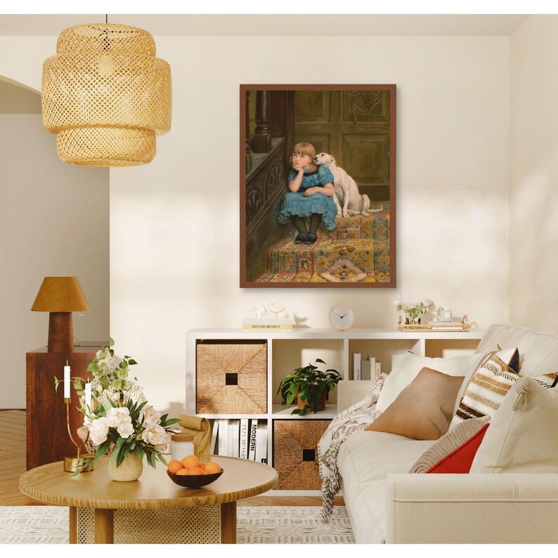 Little Girl With Dog Printable Art, Vintage Kid Oil Painting, Toddler