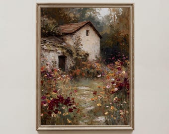 Vintage Fall Cottage Print, Moody Autumn Cottagecore Wildflowers Landscape Printable Wall Art, English Cottage Fall Farmhouse Garden Print