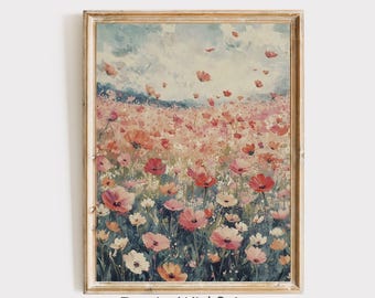 Puede incluir: Impresión enmarcada de un campo de amapolas en tonos rosas, rojos y blancos, bajo un cielo nublado. La obra de arte tiene un estilo vintage y pictórico. El texto "InspireWithPrint Printable Wall Art" está en la parte inferior.