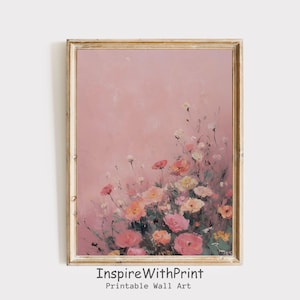 Vintage Wildflower Field Oil Painting, Pastel Pink Flower Meadow Art Printable Moody WildFlower Print, Cottage Core Landscape Wall Art Decor