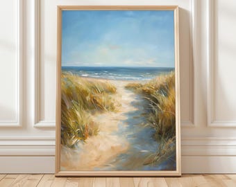 ビーチの砂丘の海岸風景画、柔らかな海の風景の壁掛けアートプリント、リビングルームのニュートラルな装飾、穏やかなミニマリストスタイルの家