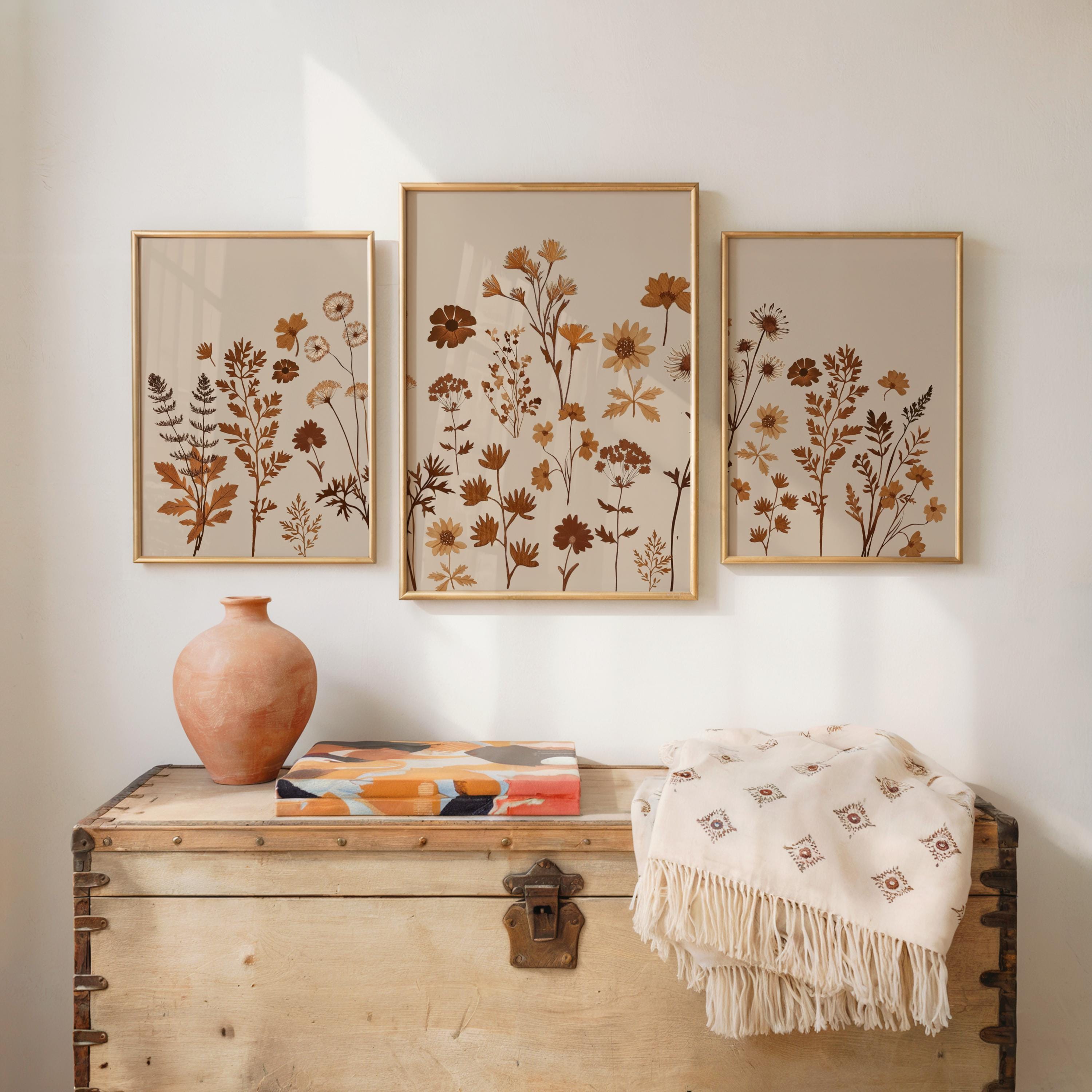Rustic Wildflowers Print Set of 3, Neutral Boho Botanical Wall Art ...