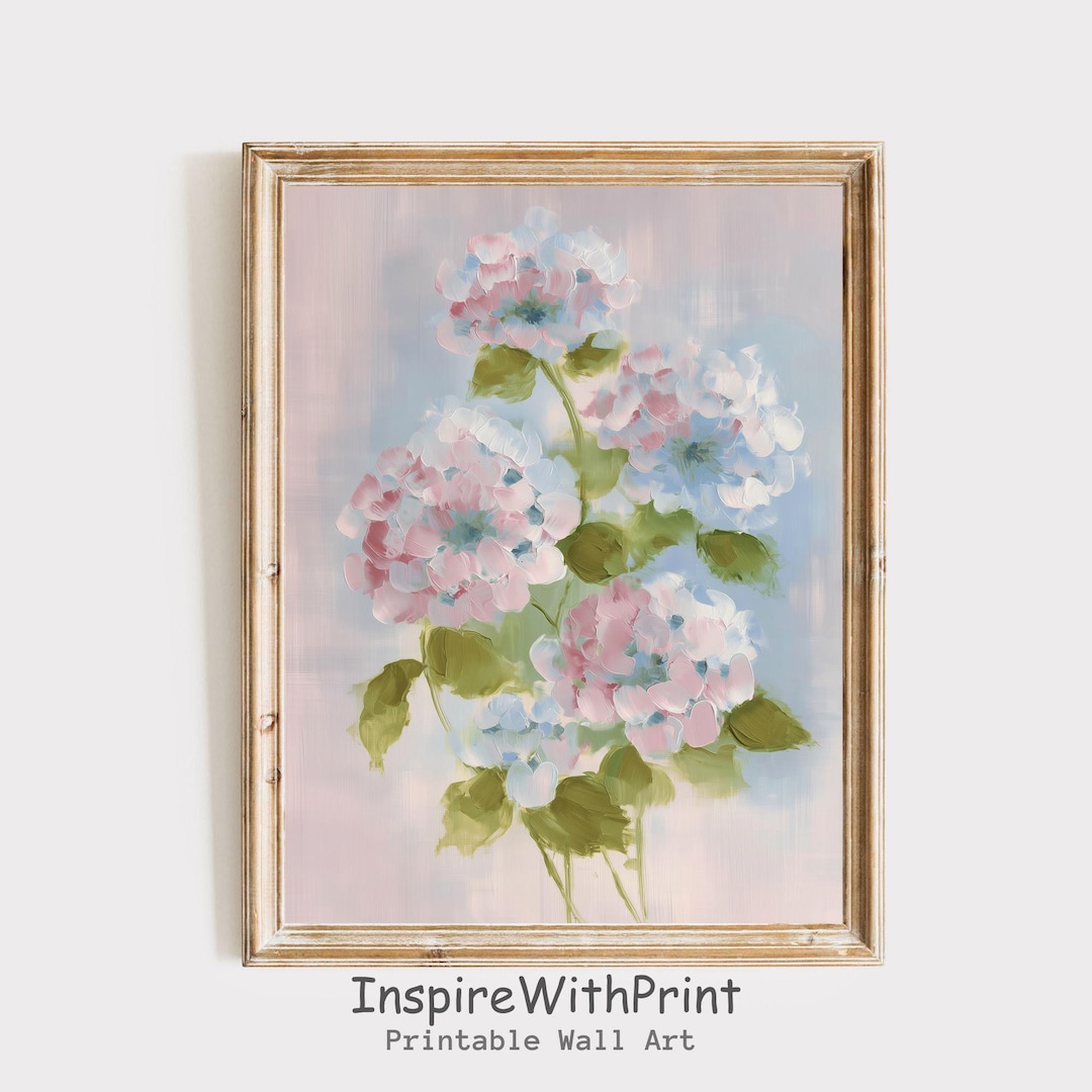 Pastel Hydrangea Oil Painting Printable Wall Art, Blush Blue Floral ...