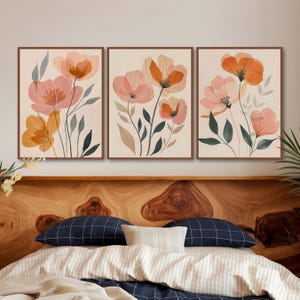Midcentury Modern Boho Flower Wall Art Set of 3, MCM Flower Printable Boho Floral Art, Moody Botanical Art Decor, Neutral Boho Wall Art