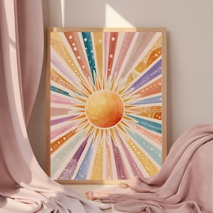 Boho Sun Print, Colorful Boho Sun Wall Art Printable Abstract Sunrise Print, Midcentury Modern Art, Playroom Poster, Boho Nursery Wall Art