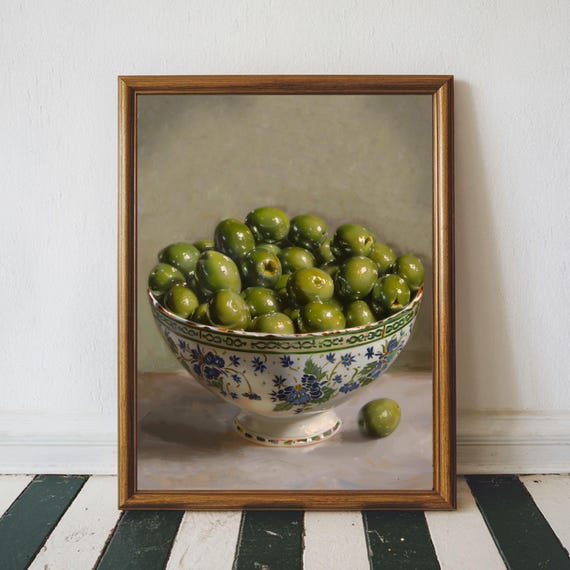 Green Olive Wall Art, Mediterranean Kitchen Decor, Vintage Still Life Painting, French Country Bowl Artwork
