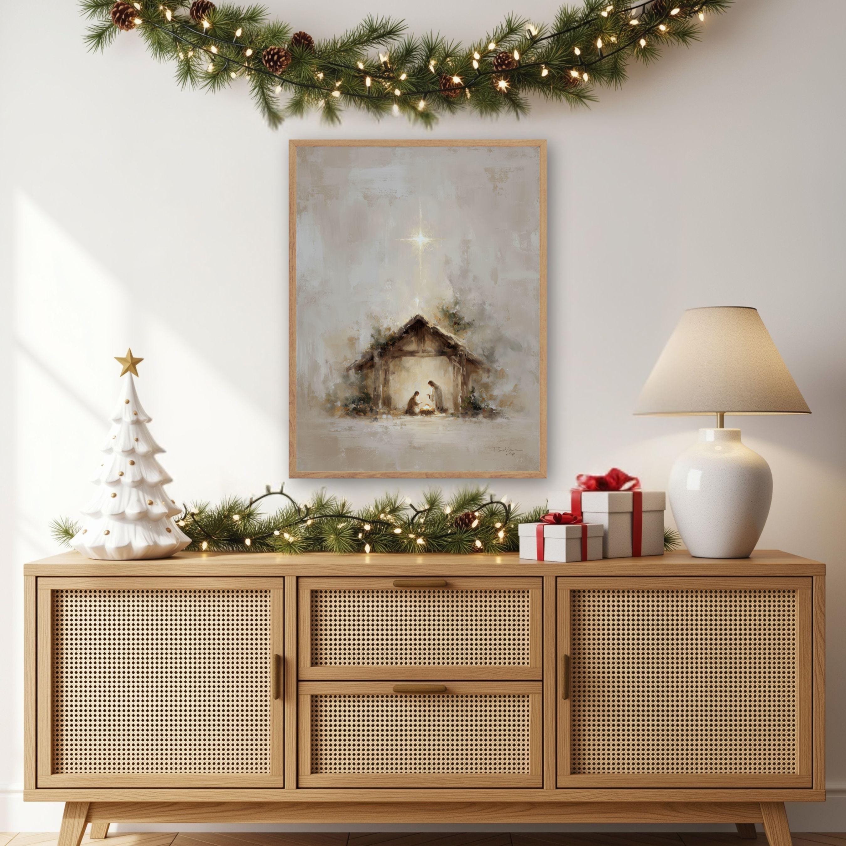 Holy Family Nativity Scene Wall Art, Glowing Manger Painting, Neutral ...