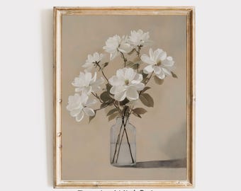 Pintura al óleo de flor de magnolia blanca vintage, arte de pared neutro suave, impresión de magnolia imprimible, arte de granja con núcleo de cabaña, impresión de flores melancólicas