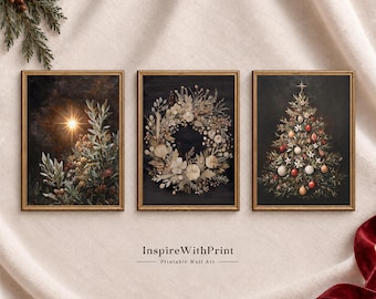 Vintage Christmas Botanical Wall Art Set of 3, Moody Winter Printable Prints, Evergreen Wreath and Tree Decor