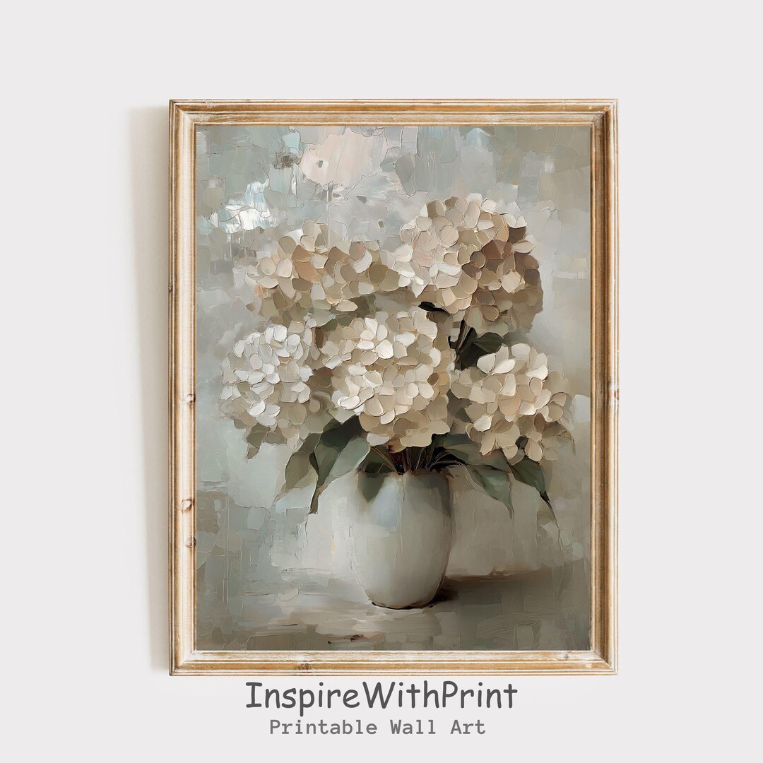 Vintage White Hydrangea Print, Moody Flower Vase Painting, Cottage Core ...