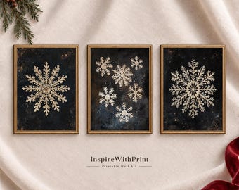 Vintage Snowflake Wall Art Set of 3, Dark Winter Printable Prints, Rustic Christmas Gallery Wall Decor