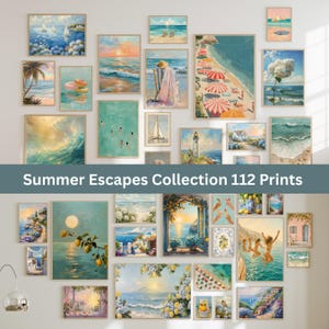 May include: A collection of 112 wall art prints featuring various summer-themed scenes including coastal landscapes, beach umbrellas, ocean waves, sailboats, lighthouses, lemons, and people swimming, with the text Summer Escapes Collection 112 Prints.