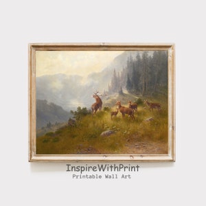 Hirsche im Wald Gemälde, Vintage Hirsch Druck, Herunterladbare Waldlandschaft Kunst, Herbst Wanddekor, Kunstwerk des 19.Jahrhunderts, Naturlandschaft