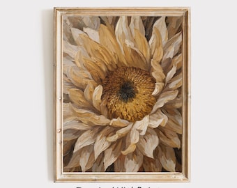Vintage Fall Sunflower Painting, Moody Fall Print, Autumn Cottagecore Printable Farmhouse Art, Sunflower Print, Neutral Summer Floral Print
