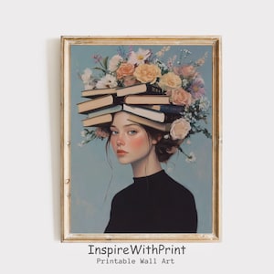 本と花を持つ女性の肖像画 パステル油絵、本好きの壁アート、読書本の装飾、フェミニストの壁アート、本好きの女性のプリント
