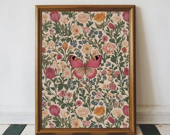 Vintage Floral Pattern Textile Print With Butterfly Art, Pink Butterfly Printable Cottage Core Print, William Morris Floral Textile Art