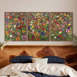 Vintage Frühlingsblumen Garten Landschaft 3 Stück Wandkunst, Gustav Klimt Blumenkunst Druckbare Botanische Garten Oi Malerei, Gustav Klimt Druck