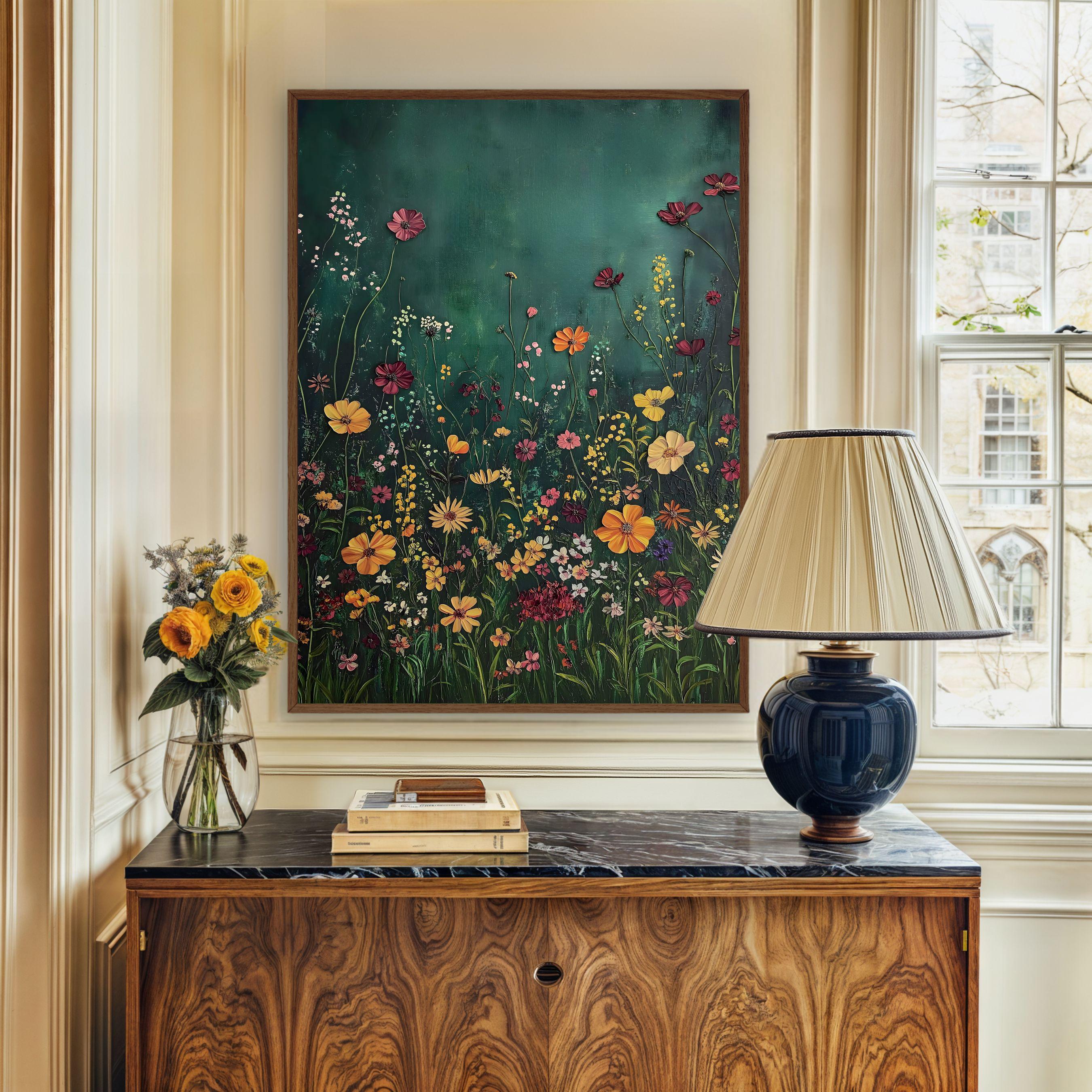 Dark Wildflowers Print, Botanical Landscape Painting, Emerald