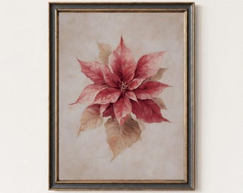 赤いポインセチアのクリスマス絵画、印刷可能な壁アート、暗い冬の花の